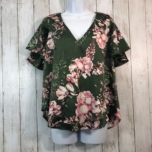 Love Rachel Rachel Roy Green Floral Double Hem Flutter Sleeve Top Medium